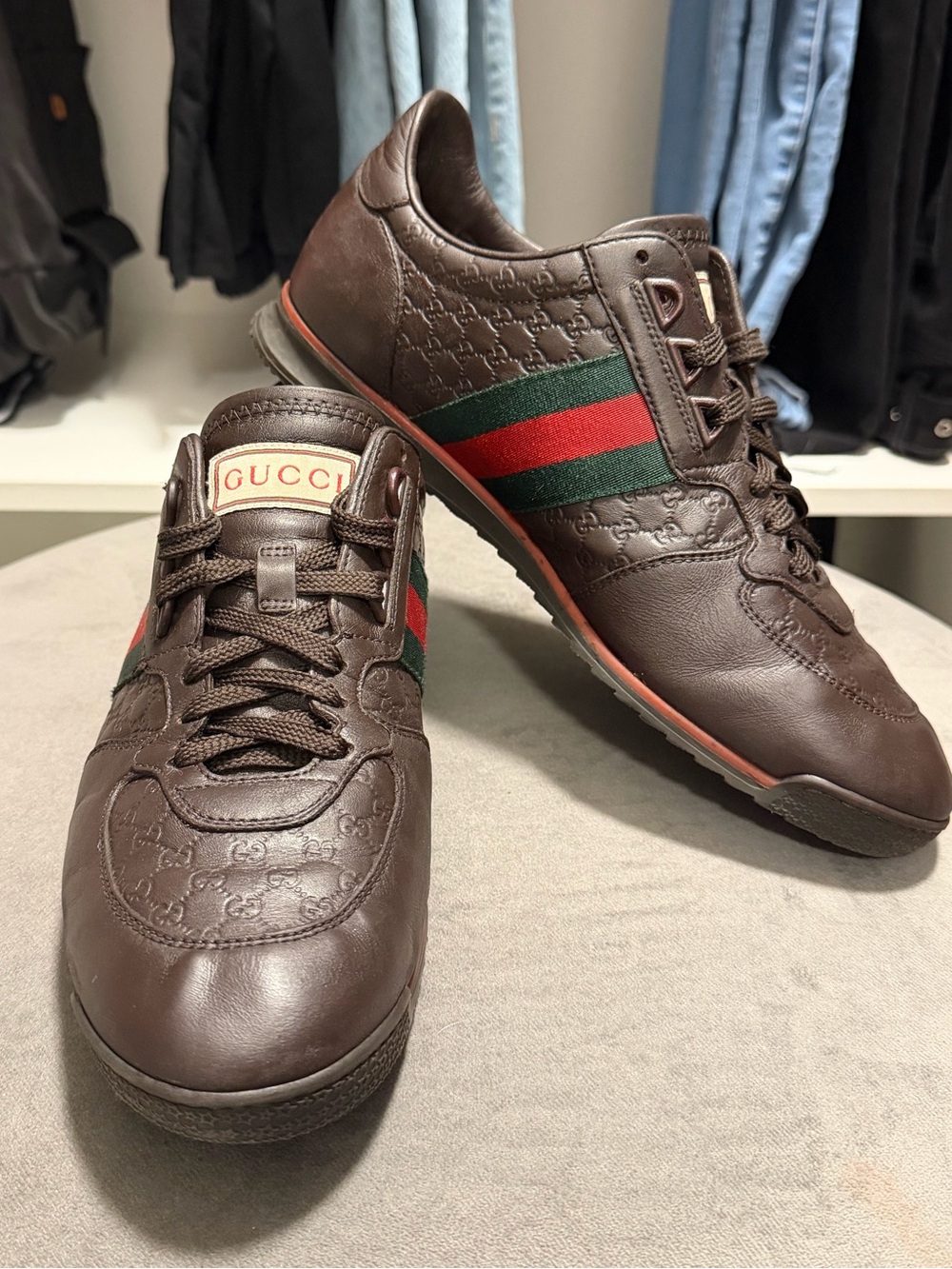Gucci Brown Leather Sneakers with Red & Green Web Stripe
